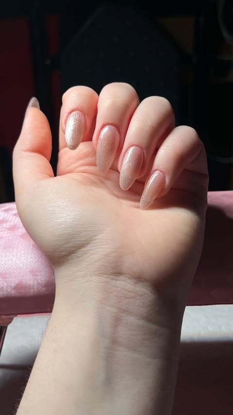 Detailed silver and blush nail art by MekyNails